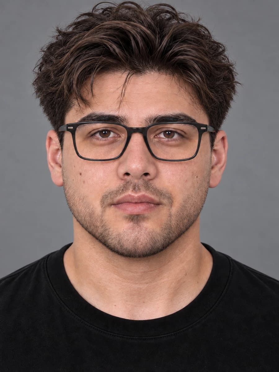 El hombre del glow-up con barba corta perfilada y lentes de montura rectangular oscura