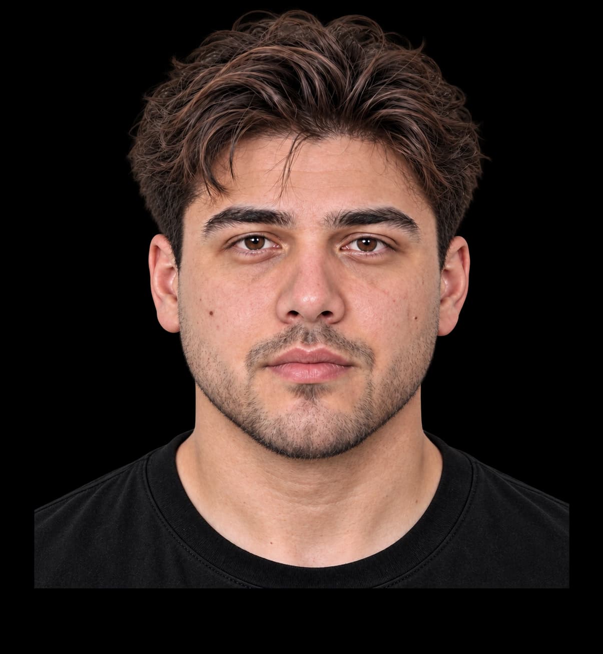 Simulación del mismo hombre con cabello ondulado, barba corta perfilada, rostro más definido y cuello ligeramente más atlético